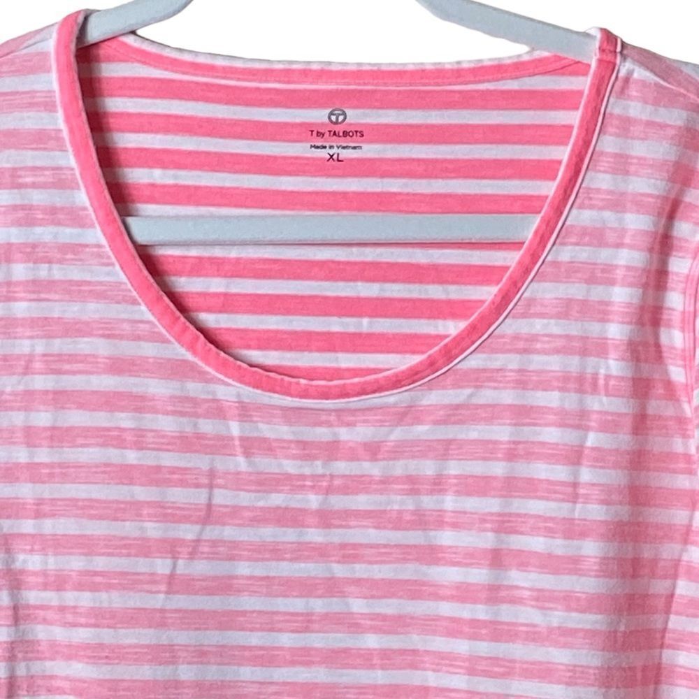 T by Talbots Wm’s Sz XL Neon Pink White Stripe Pull On Nautical Causal Shirt - Picture 2 of 4